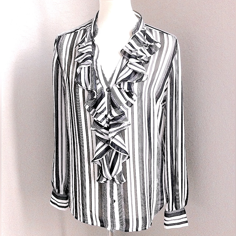 Cache Semi Shear Ruffle Top Black/White M